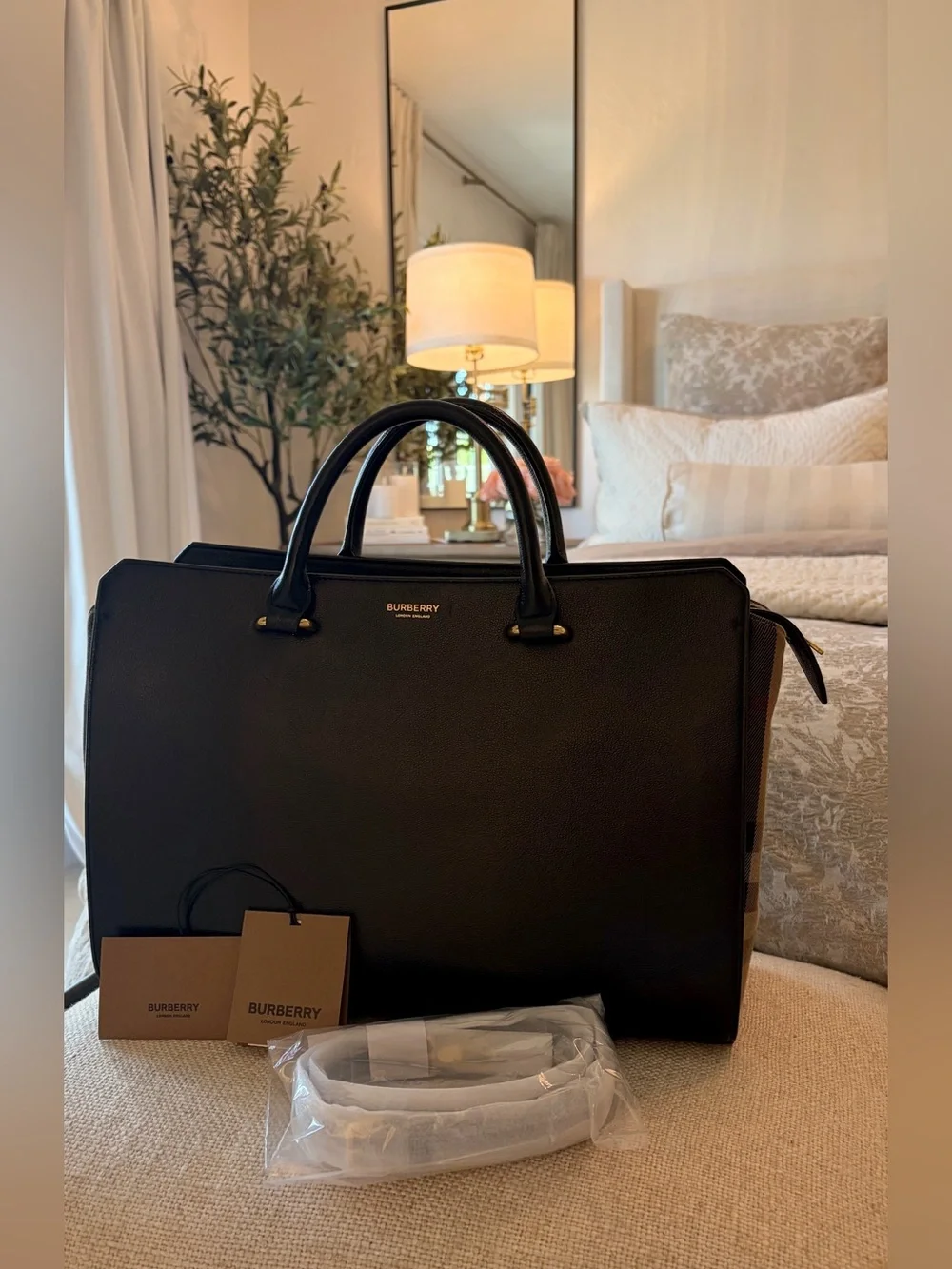 BURBERRY Calfskin Mega Check Medium Banwell Tote Black